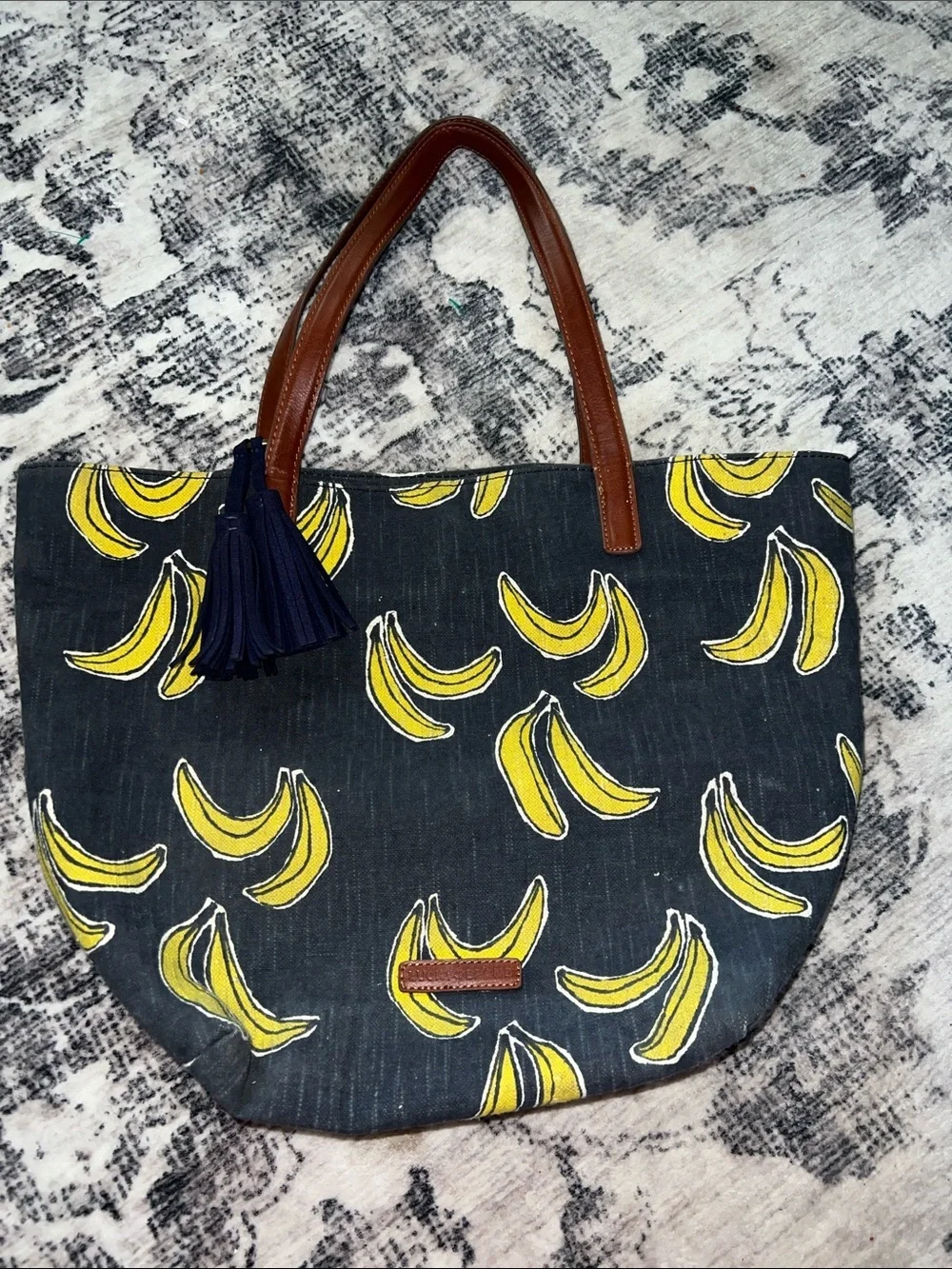 Lucky Brand Navy Denim Tote with Yellow Banana Print and Brown Handles